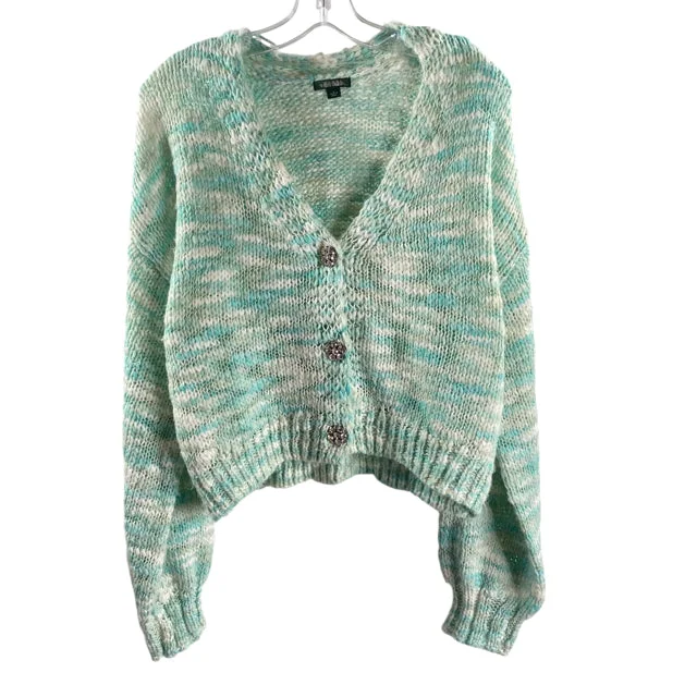 WILD FABLE Size LARGE Aqua/White Rhinestones Long Sleeve Cardigan SWEATER Stretchy Elastic Breathable