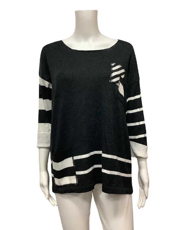 Angel Women's Sweater Black & White 3/4 Sleeve Size: M Terry Terry Cloth Terry Knit