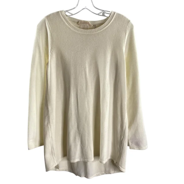 SOFT SURROUNDINGS Size X-SMALL Cream Long Sleeve Back Details Wool Blend SWEATER Print Jacquard Patchwork