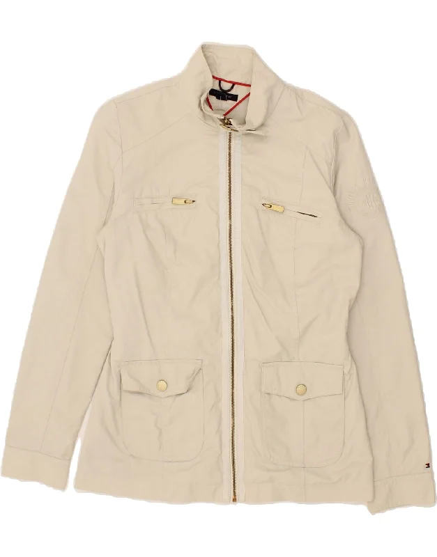 TOMMY HILFIGER Womens Utility Jacket UK 14 Medium Off White Cotton Hoodie Zip-Up Jacket Button-Up Jacket