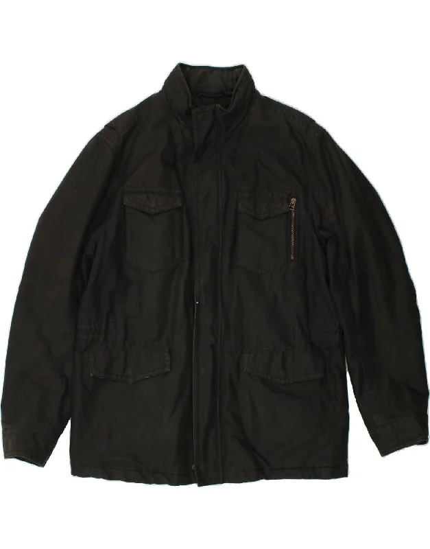 HUGO BOSS Mens Utility Jacket IT 56 3XL Black Cotton Welt Pockets Slit Pockets Flap Pockets