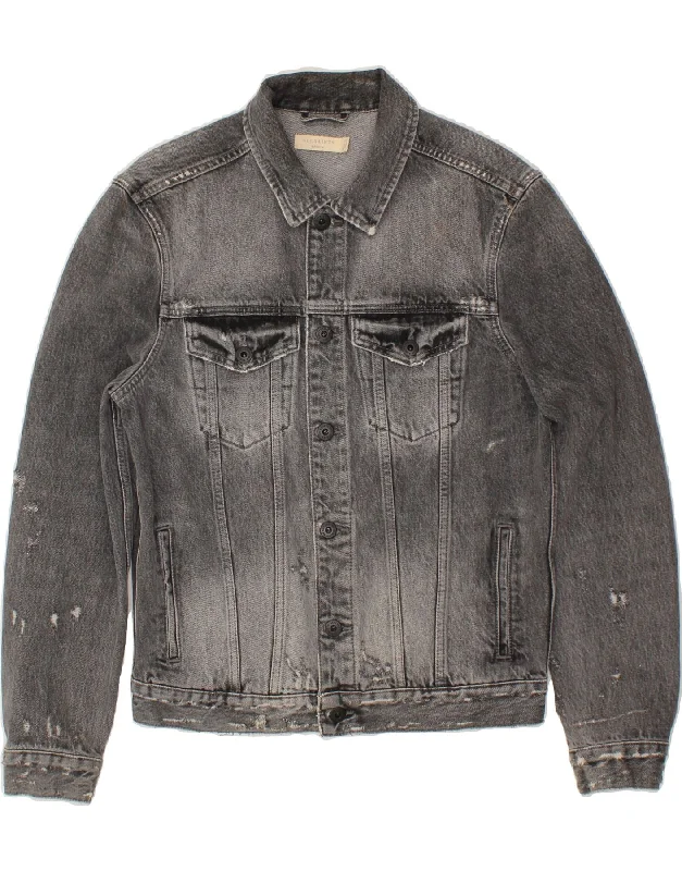 ALL SAINTS Mens Denim Jacket UK 38 Medium Grey Cotton Denim Fabric Leather Fabric Suede Fabric