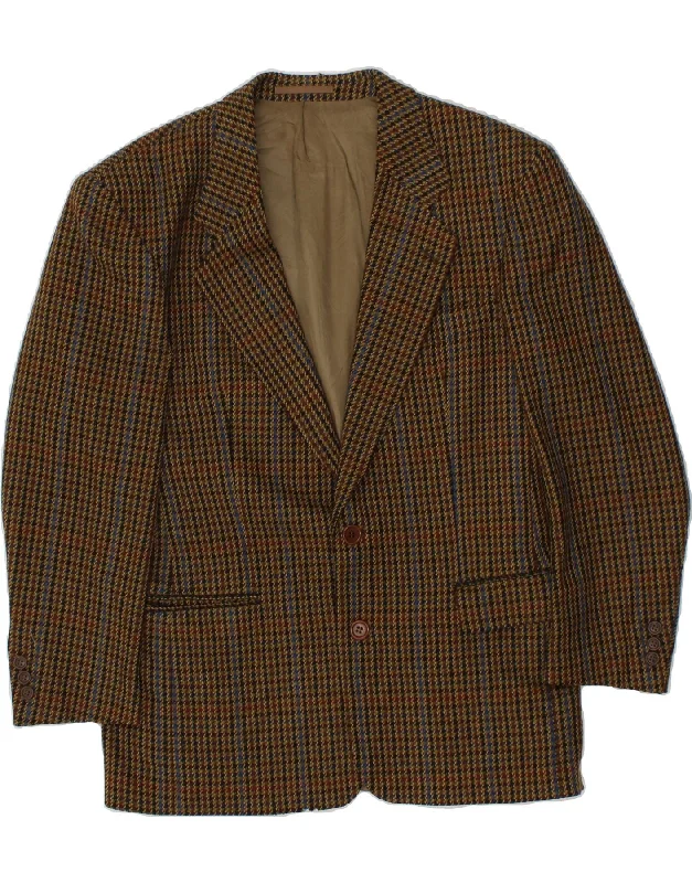 HUGO BOSS Mens 2 Button Blazer Jacket UK 44 2XL Brown Houndstooth Wool Knit Fabric Woven Fabric Fleece Fabric