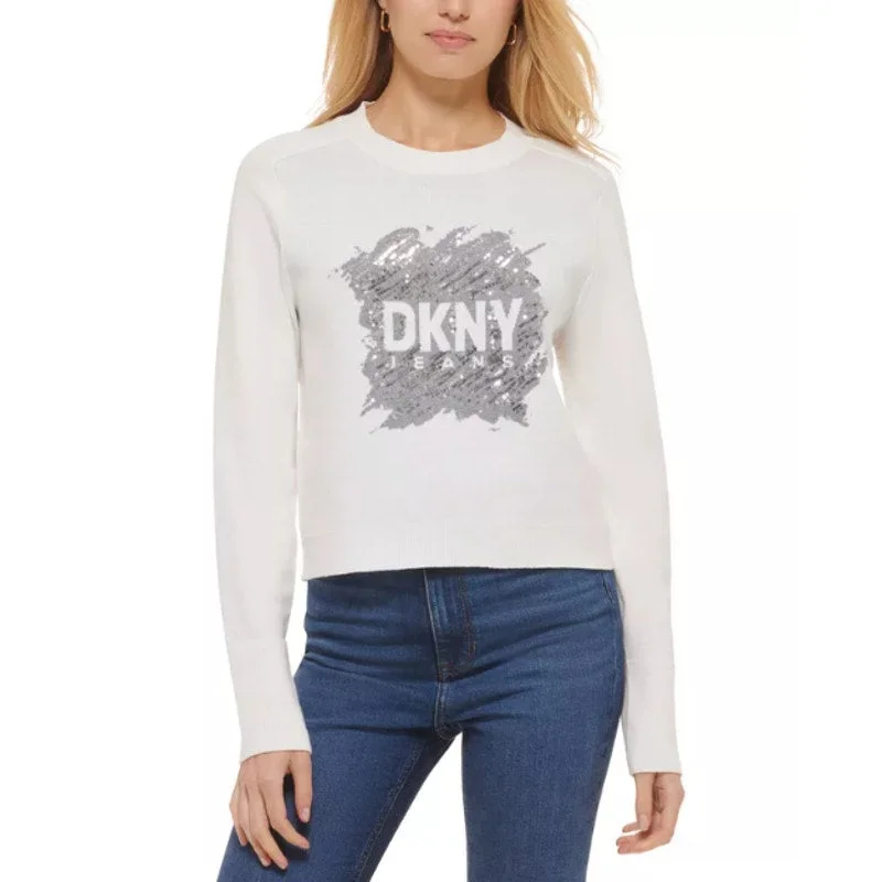 DKNY JEANS Women's Crewneck Sweater XXS Ivory White Sequin Logo Cotton Blend NWT Long Sweater Short Sweater Cropped Sweater