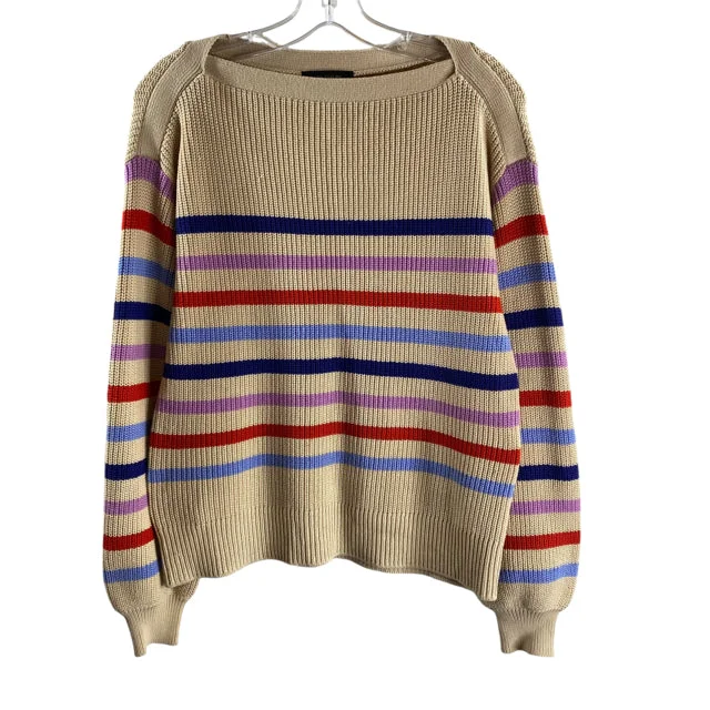 ANN TAYLOR Size MEDIUM Tan/Multi Stripe Long Sleeve Cotton Blend SWEATER Oversized Loose Flowy