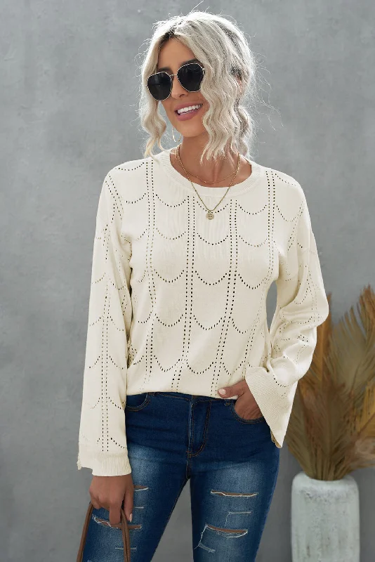 Openwork Flare Sleeve Pullover Sweater Soft Cozy Warm