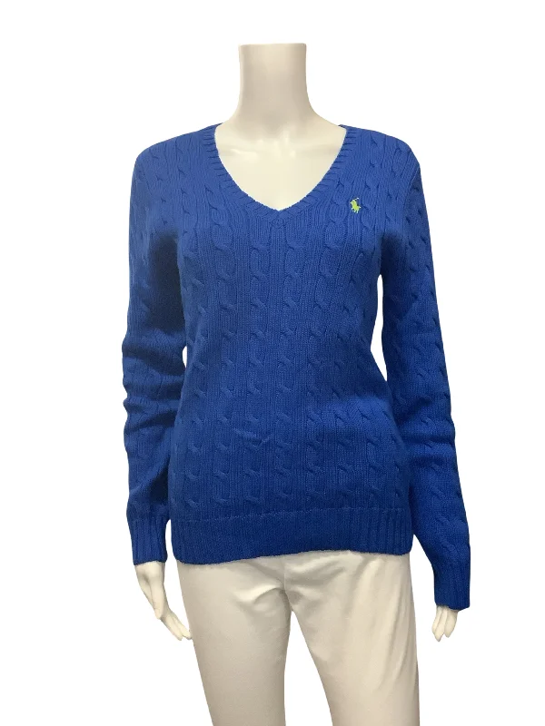 Polo by Ralph Lauren Sweater Blue V Neck Cable Knit Size: M Fitted Loose Oversized