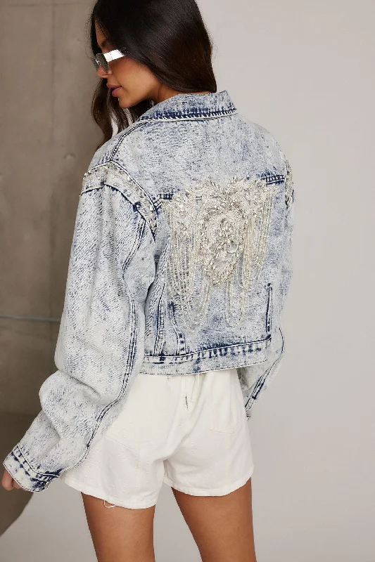 Chevall Rhinestone Embellished Denim Jacket Faux Fur Jacket Real Fur Jacket Shearling Jacket