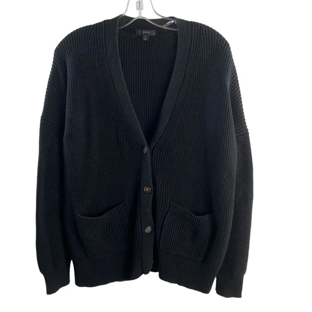 J CREW Size SMALL Black Long Sleeve Cardigan Cotton SWEATER Terry Terry Cloth Terry Knit