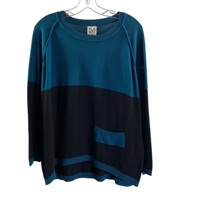 PLANET Size ONE SIZE Black/Teal Colorblock 3/4 Sleeve Oversize SWEATER Collared Crew Neck Turtle Neck