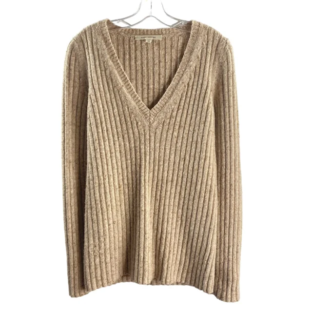 MARC JACOBS Size MED Cream/Brown Tweed Long Sleeve V-Neck Ribbed SWEATER Print Jacquard Patchwork