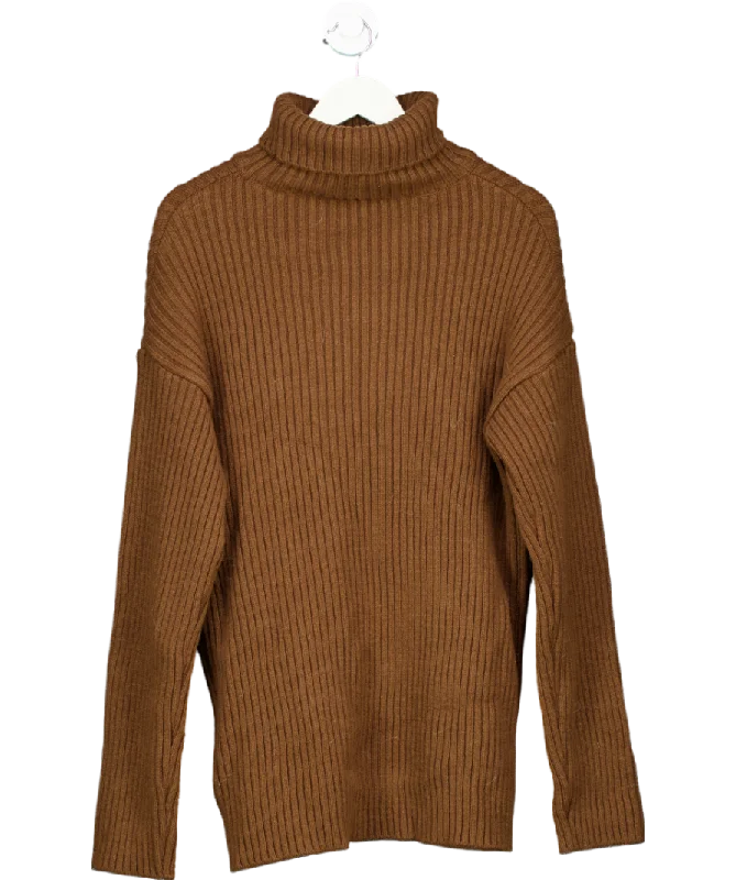 The Frankie Shop Brown Thelma Ribbed Sweater Dress UK XS/S Boat Neck Shawl Collar Notched Collar