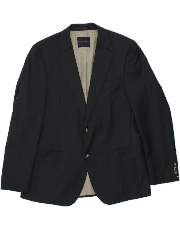 TOMMY HILFIGER Mens Tailored 2 Button Blazer Jacket UK 42 XL Navy Blue Zippered Front Buttoned Front Snap Front