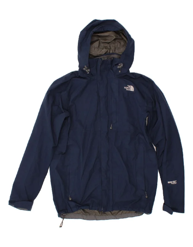 THE NORTH FACE Mens Hooded Rain Jacket UK 38 Medium Navy Blue Polyester Notch Collar Peter Pan Collar Cowl Neck