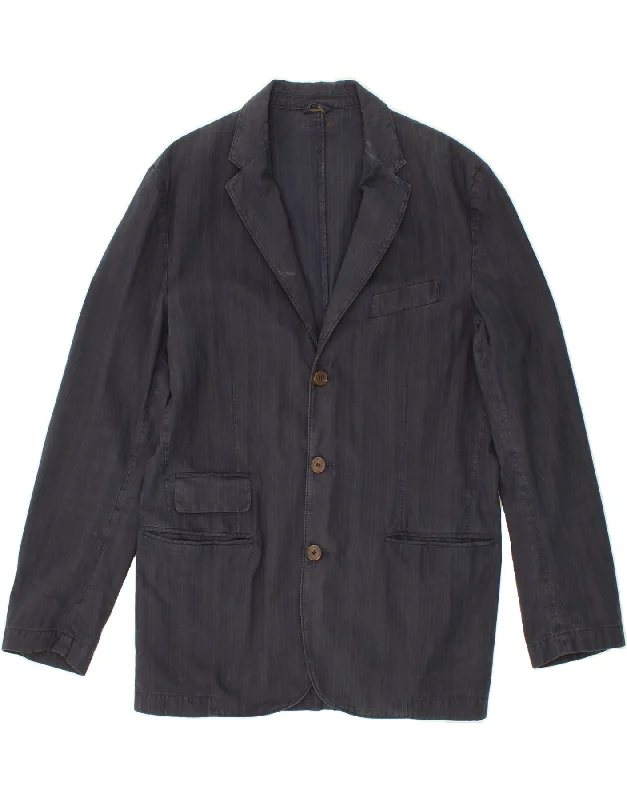 MARLBORO CLASSICS Mens 3 Button Blazer Jacket IT 52 XL Navy Blue Striped Cotton Jacket Linen Jacket Terry Jacket