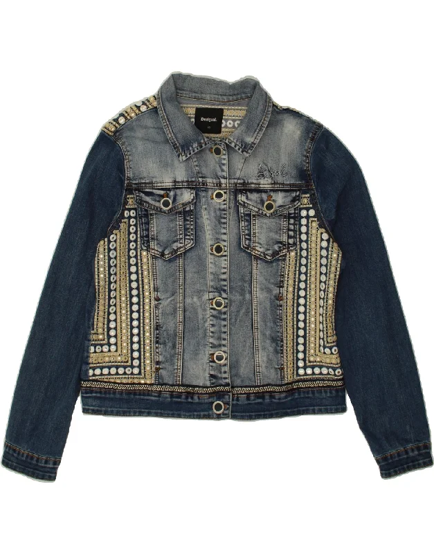 DESIGUAL Womens Graphic Denim Jacket EU 46 XL Navy Blue Colourblock Cotton Ribbed Jacket Pleated Jacket Ruffled Jacket