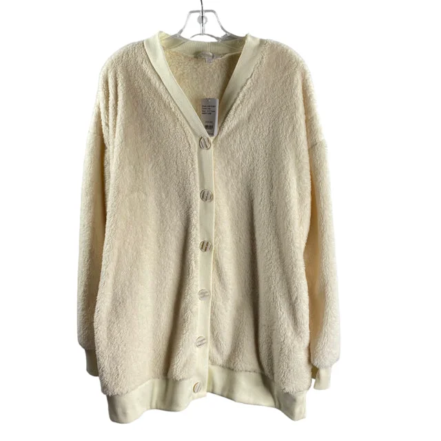 SUZANNE BETRO Size 2X Cream Long Sleeve Cardigan SWEATER Denim Fabric Leather Fabric Suede Fabric