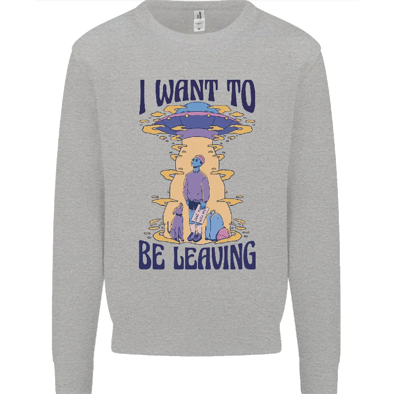 Alien UFO I Want to Be Leaving Mens Sweatshirt Jumper.Hoodie with Metallic Shiny Futuristic Hoodie with Metallic Shiny Futuristic