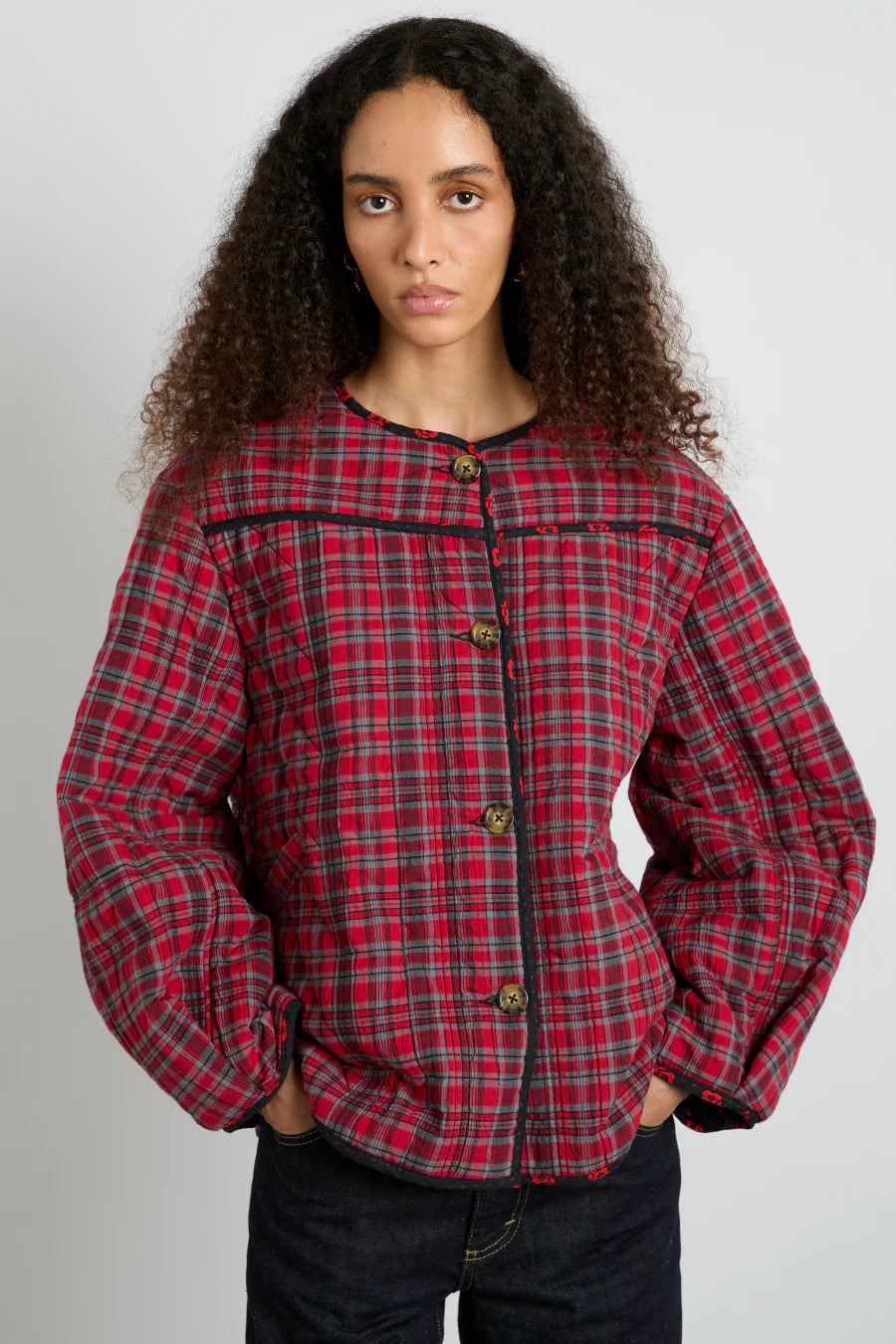 Macy Quilted Jacket - Red Check Mesh Jacket Canvas Jacket Denim Jacket