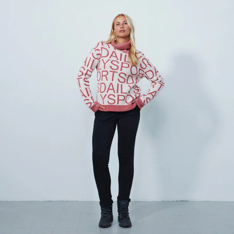 Daily Sports: Women's Letters Roll Neck Pullover Sweater - Pink Jersey Fabric Tulle Fabric Batik Fabric