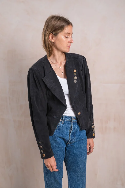 Black Suede Jacket with Button Detail Jersey Jacket Tulle Jacket Batik Jacket