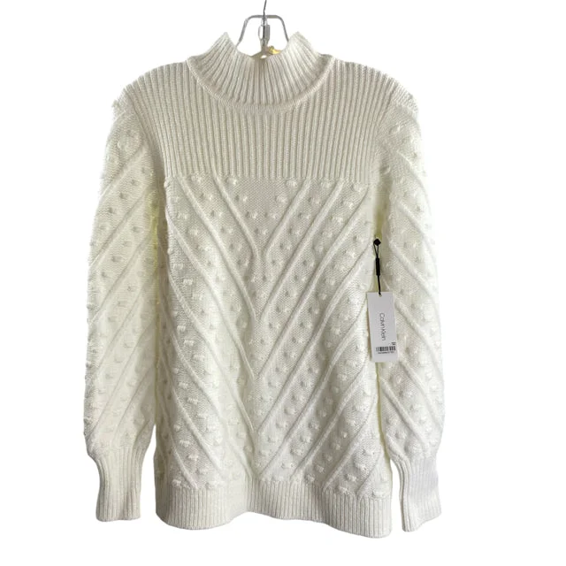 CALVIN KLEIN Size X-SMALL White Knit Details Long Sleeve Mock Turtleneck SWEATER Elegant Classic Vintage