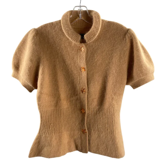 MALENE BIRGER Size SMALL Tan Short Sleeve Snap Front Fuzzy SWEATER Houndstooth Herringbone Solid