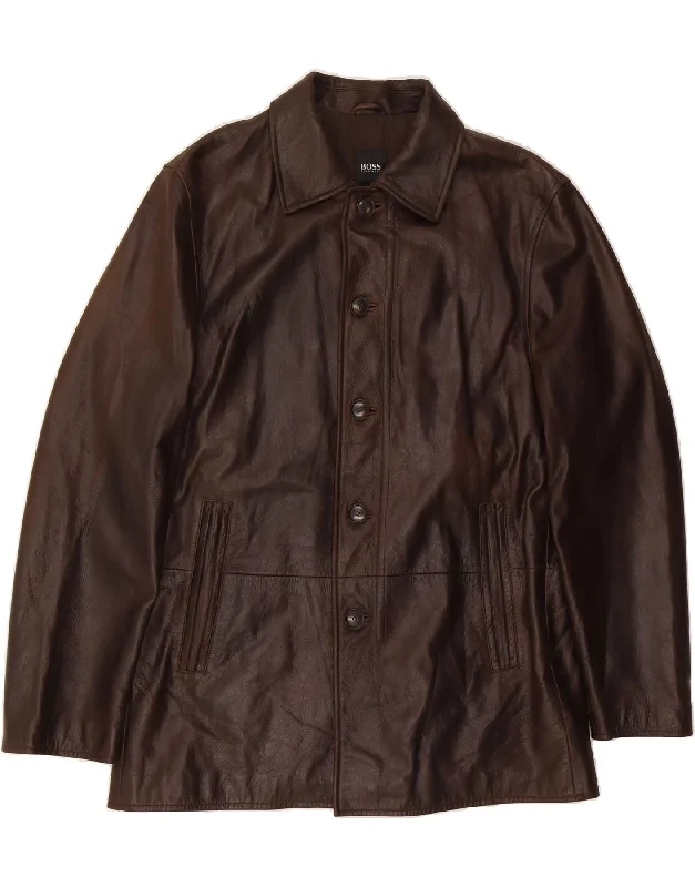 HUGO BOSS Mens Leather Jacket EU 52 XL Brown Leather Satin Fabric Silk Fabric Chiffon Fabric