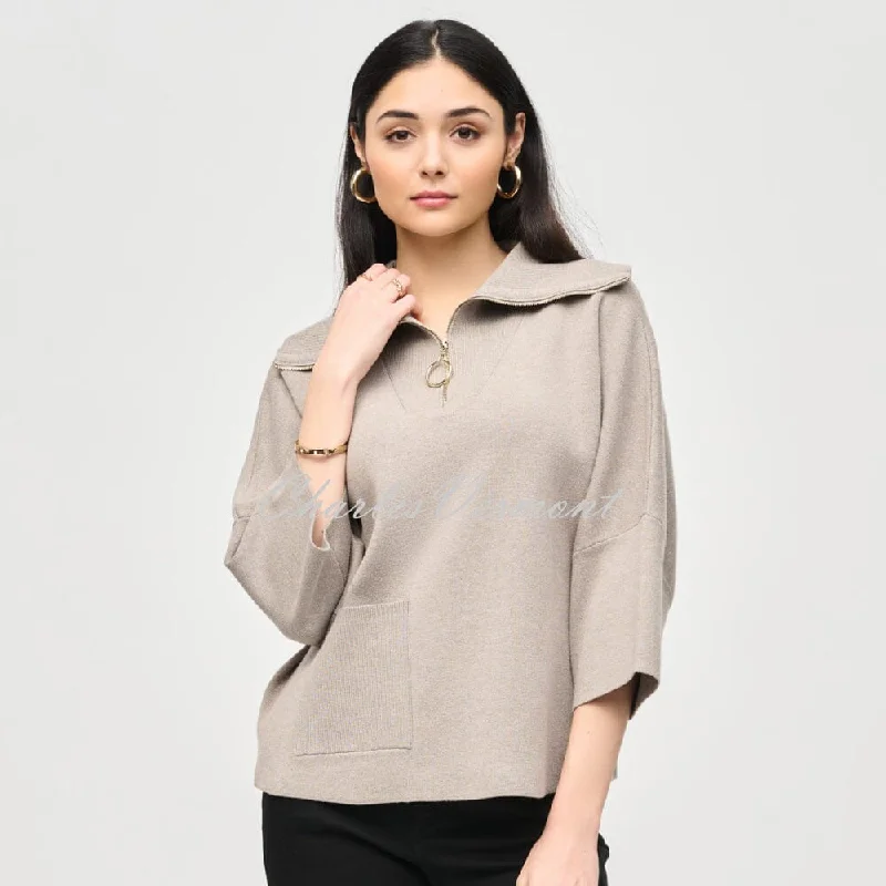 Joseph Ribkoff Zip Collar Sweater Top - Style 243954 (Taupe Melange) Tailored Straight A-Line