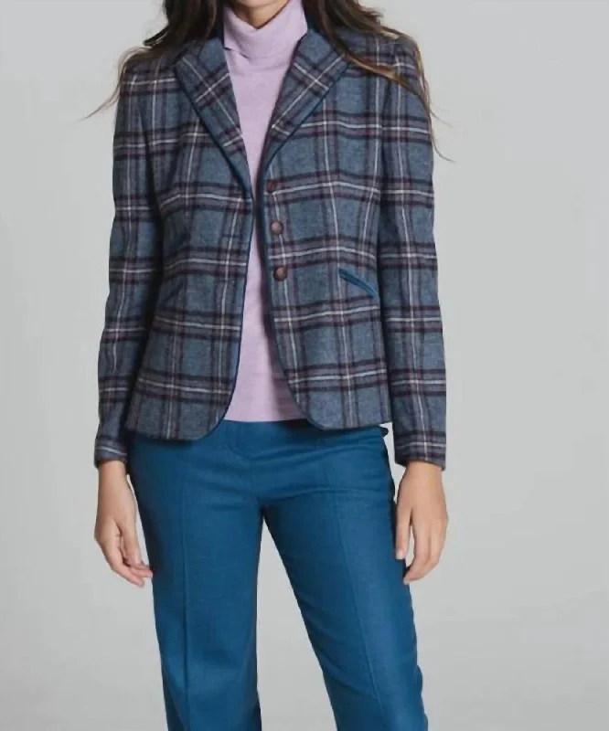 Rose Plaid Wool Jacket In Blue/pink Plaid Hooded Jacket Caped Jacket Shawl Collar Jacket