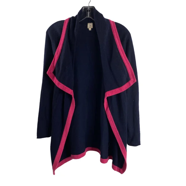 QI Size SMALL Navy/Pink Piped Long Sleeve Open Front Cashmere SWEATER Satin Fabric Silk Fabric Chiffon Fabric