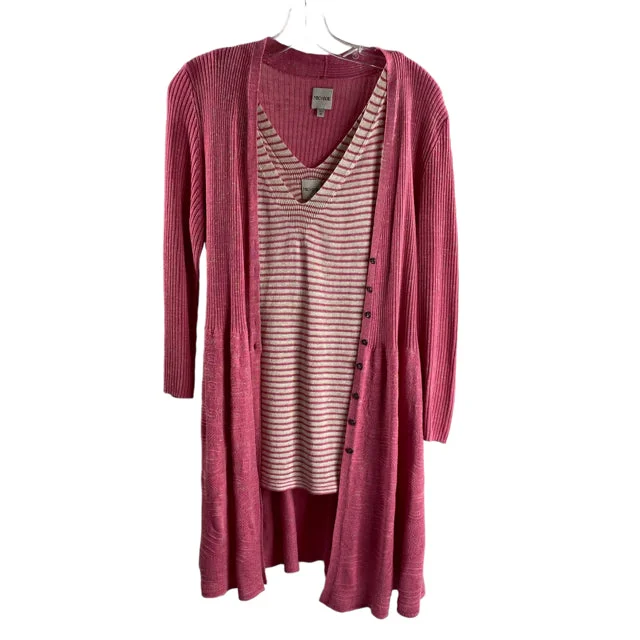 NIC & ZOE Size MEDIUM Pink/Tan Stripe Long Sleeve Tank Linen Blend 2PC SWEATER Transparent Opaque Sheer