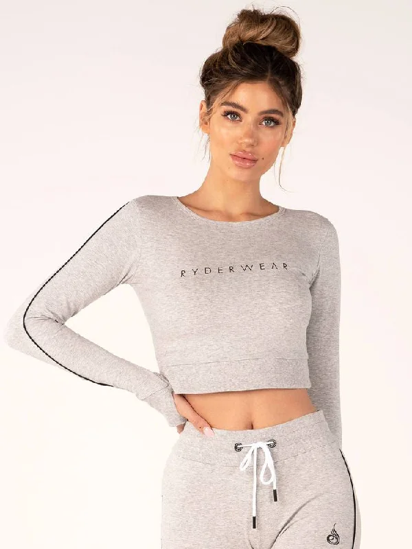 Ryderwear BSX Cropped Sweater - Grey Marle Embroidered Appliqued Beaded