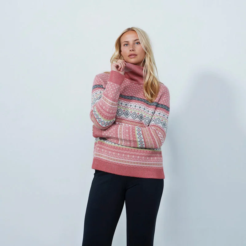 Daily Sports: Women's Fair Isle Roll Neck Pullover Sweater - Pink Knit Fabric Woven Fabric Fleece Fabric