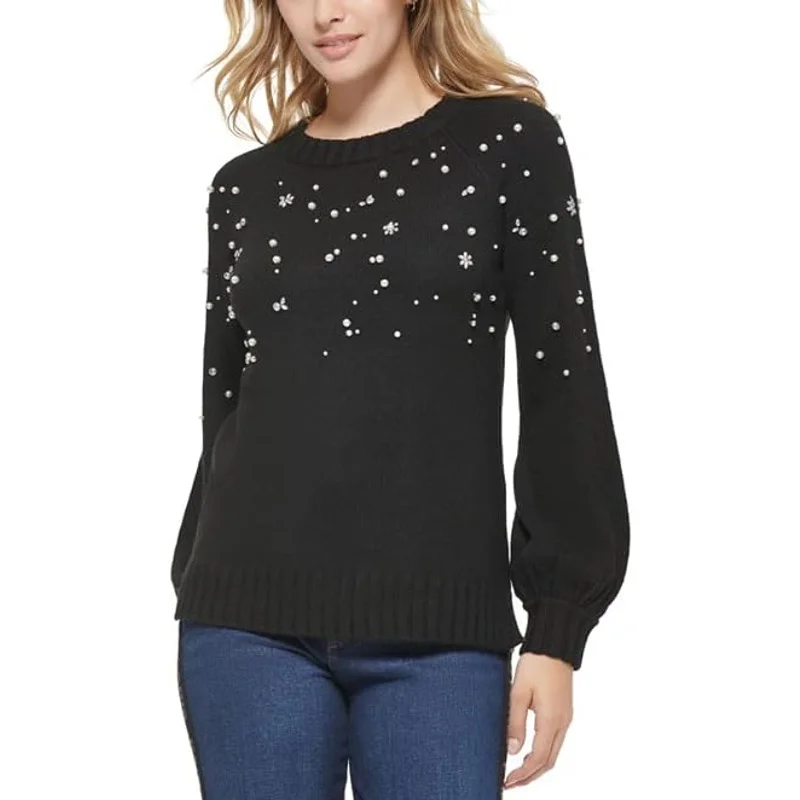 Karl Lagerfeld Womens Paris Sweater XS Black Embellished Crew Neck Knit NWT High Neck Crew Neck V-Neck