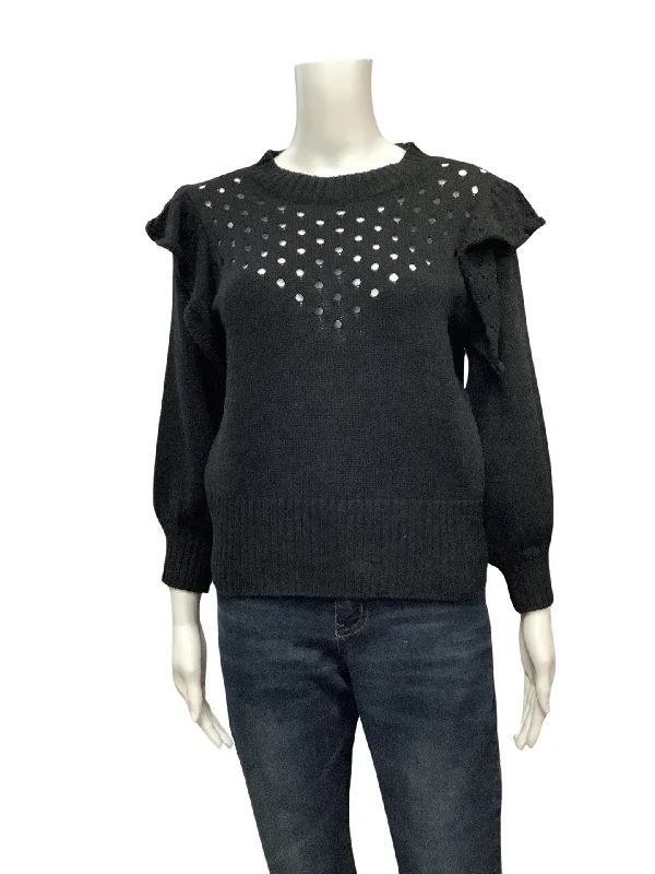 Self Contrast Women's Sweater Black Ruffle Crop Size: L Jersey Fabric Tulle Fabric Batik Fabric