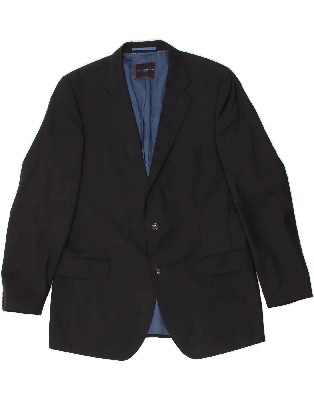 TOMMY HILFIGER Mens 2 Button Blazer Jacket IT 56 3XL Black Wool Cotton Fabric Linen Fabric Terry Fabric