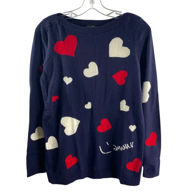 TALBOTS Size X-SMALL Navy/Red/White Hearts Long Sleeve Cotton Blend NWT SWEATER Zippered Front Buttoned Front Snap Front