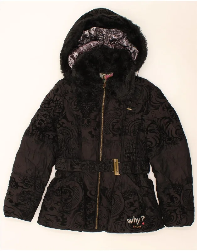 DESIGUAL Womens Hooded Padded Jacket EU 44 XL Black Paisley Polyester Bomber Jacket Anorak Windbreaker