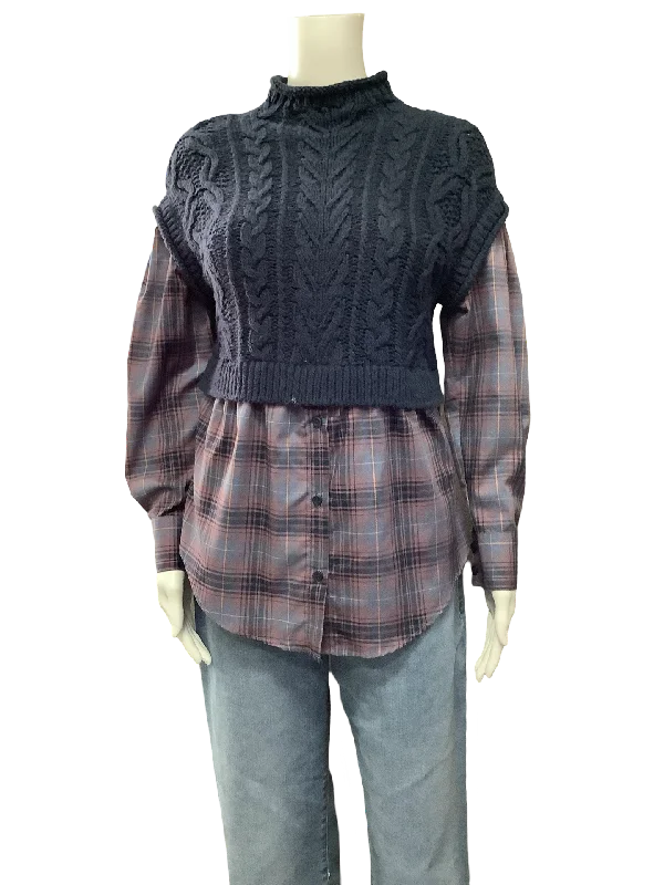 Anthropologie Mauve Sweater Shirt Plaid Blue: XS Stylish Fashionable Trendy