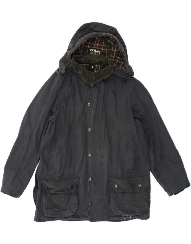 BARBOUR Mens Beaufort Hooded Waxed Jacket UK 36 Small Navy Blue Cotton Fleece Fabric Down Fabric Feather Fabric