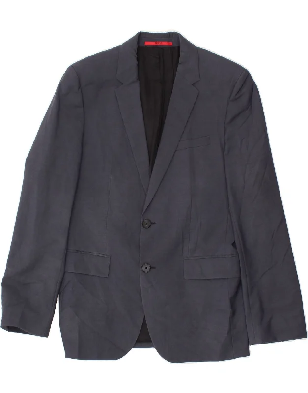 HUGO BOSS Mens 2 Button Blazer Jacket IT 46 Small Navy Blue Virgin Wool Welt Pockets Slit Pockets Flap Pockets