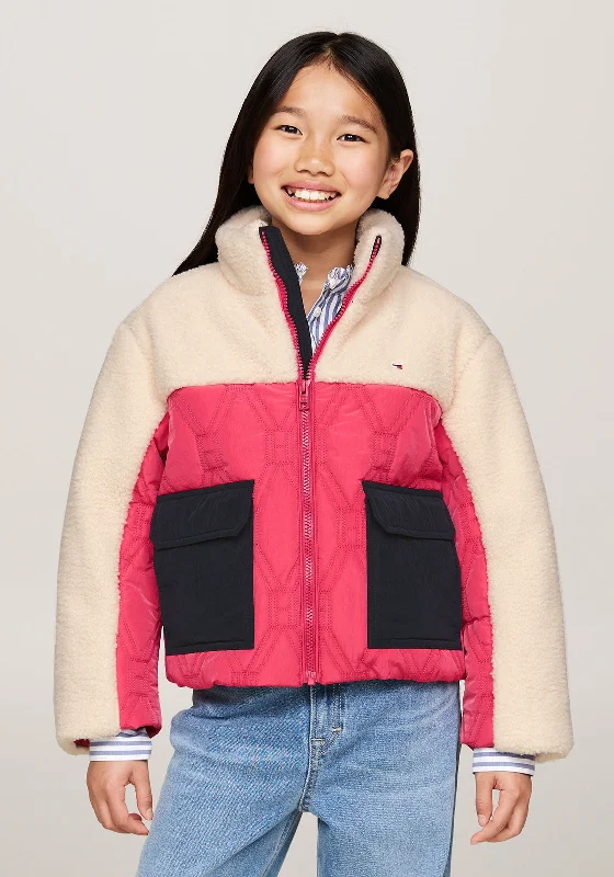 Tommy Hilfiger Girl Quilted Teddy Jacket, Deep Rouge Zippered Jacket Buttoned Jacket Snapped Jacket