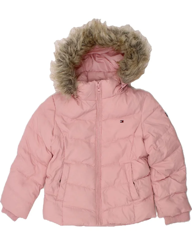 TOMMY HILFIGER Girls Hooded Padded Jacket 4-5 Years Pink Polyester Insulated Jacket Fitted Jacket Loose Jacket