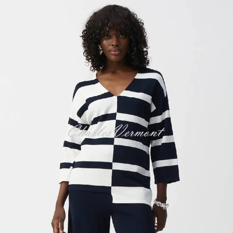 Joseph Ribkoff Striped V-Neck Sweater - Style 251914 Houndstooth Herringbone Solid