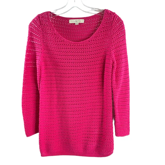 LOFT Size X-SMALL Hot Pink 3/4 Sleeve Cotton Knit SWEATER Hooded Caped Shawl Collar