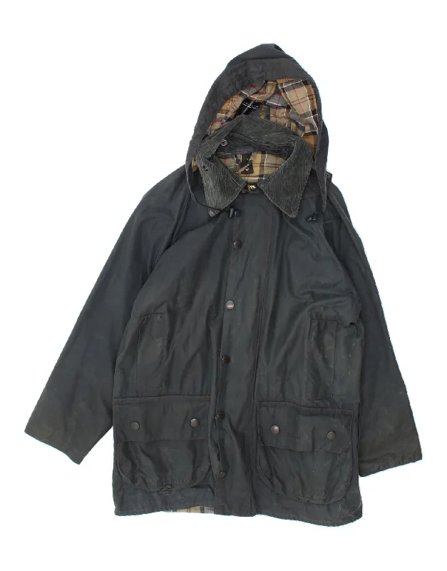 BARBOUR Mens Beaufort Hooded Waxed Cotton Jacket One Size Black Cotton Herringbone Jacket Checkered Jacket Solid Jacket