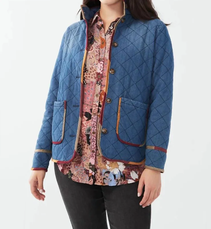 Quilted Chambray Jacket In Indigo Stand-Up Collar Roll-Neck Collar Turtle Neck