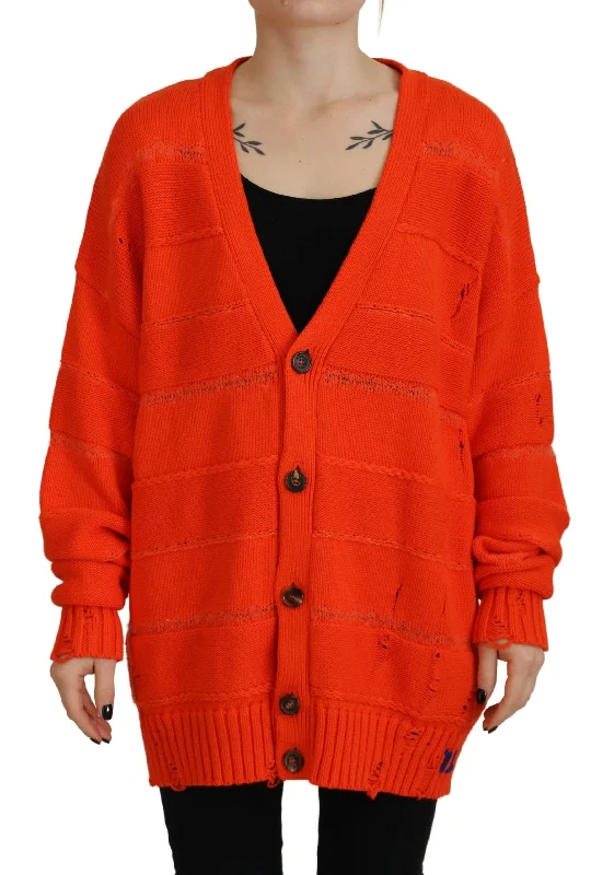 Orange Cotton Knitted Buttoned Cardigan Sweater Fleece Fabric Down Fabric Feather Fabric