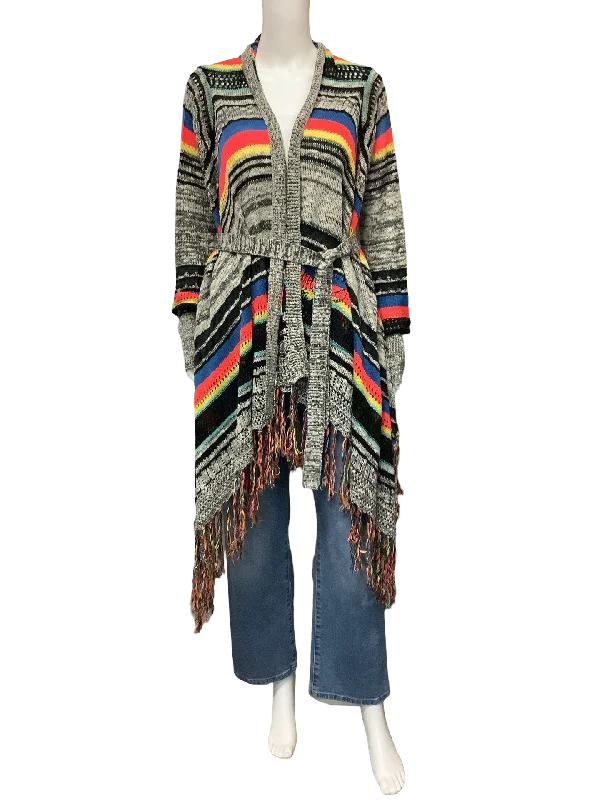 Desigual Cardigan Knitted Sweater Fringe Printed Size: L Wool Fabric Cashmere Fabric Tweed Fabric